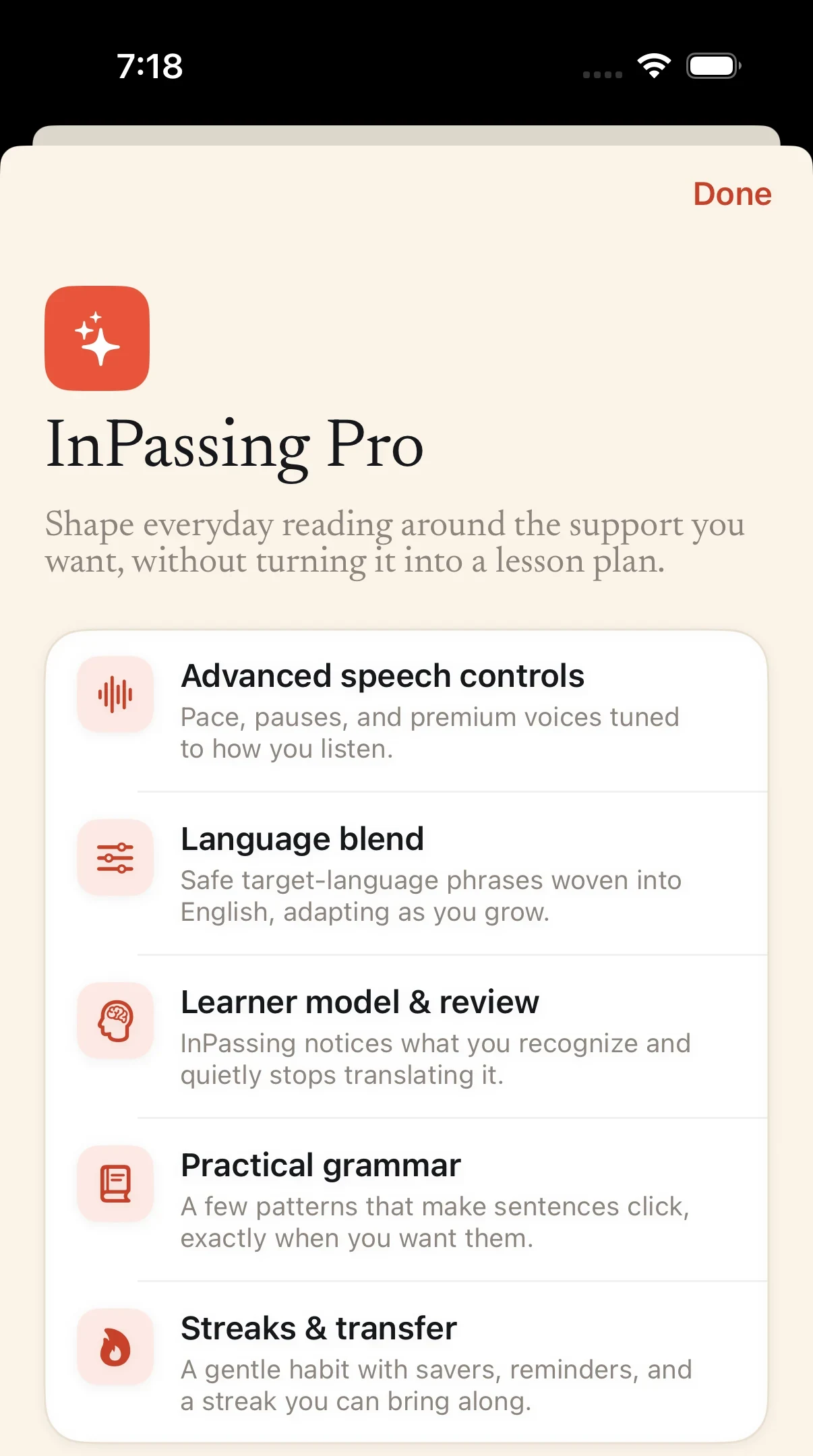 Current InPassing Pro page listing advanced speech controls, language blend, learner model and review, practical grammar, and streaks and transfer