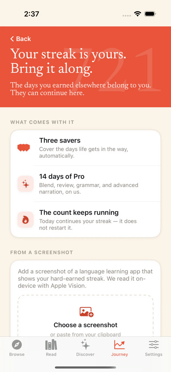 Current InPassing streak-transfer screen showing three savers, 14 days of Pro, an ongoing streak count, and on-device screenshot import